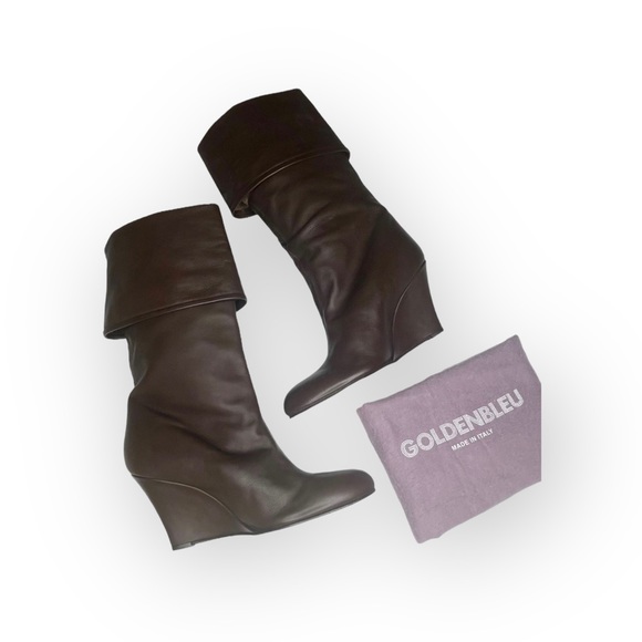 Luxe: new Goldenbleu ♔ Carly Fold Over Wedge Heel Tall Leather Boots ♔ Taupe ♔ - Picture 13 of 16